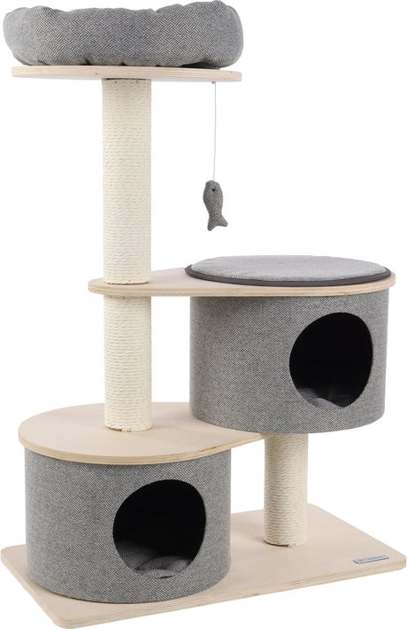 Flamingo krabpaal – premium line kanzo – 74x40x102 cm – luxe kattenkrabpaal met ligplateaus, mand schuilplaatsen – kattenmeubel met papieren krabtouw speeltje – stijlvolle kattenboom voor alle kattenrassen