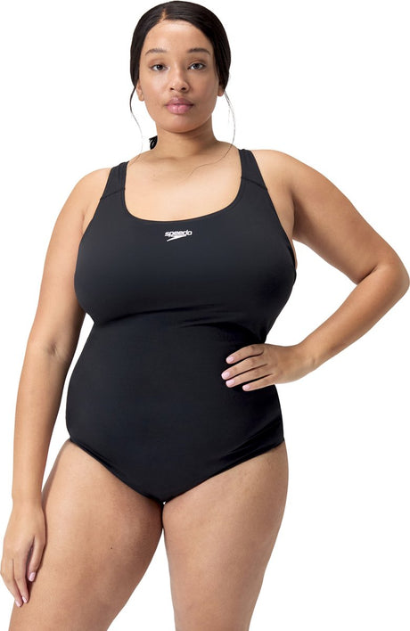 Speedo Endurance+ Medalist Damen Sport-Badeanzug Übergröße – Farbechter Badeanzug Damen Große Größen – Chlorbeständiger Badeanzug Damen – Damen Sport-Badeanzug mit Medalist-Rücken – Schwarz – 52