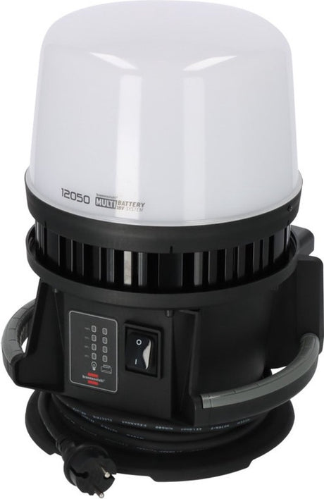 Professionelle Multi-Akku-LED-360°-Hybrid-Bauleuchte von Brennerstuhl 12050 mh (kompatibel mit 18-V-Akkus von 10 verschiedenen Herstellern, 5 m RN-Kabel, IP54, perfekte Rundumbeleuchtung, ohne Akku, hergestellt in Deutschland)