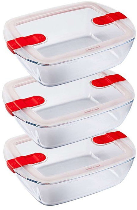Pyrex – Kochwärmeschüssel 1,1 Liter, rechteckig, 3er-Set – transparentes Rot