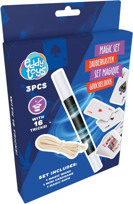 Eddy Toys Zauberset 16 Tricks – Zauberset aus Kunststoff – inklusive Zauberstäbe, Ringe, Seil und Karten – Universalhandbuch – 2 Jahre Garantie – mehrfarbig