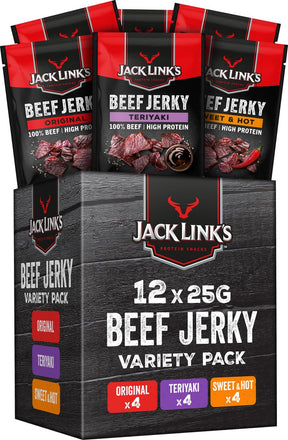 Jack Links Jack Links Beef Jerky Mix Box – 100 % Premium-Rindfleisch – hoher Proteingehalt – Rindfleisch-Snack – für zwischendurch, unterwegs oder im Fitnessstudio – 12 x 25 g