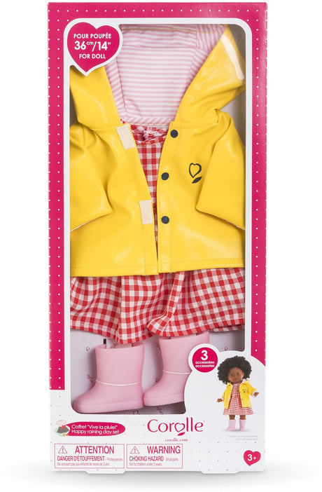 Corolle Puppenkleidung Regenoutfit 36 ​​cm – bunter Regenmantel und Stiefel.