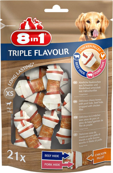 8in1 delights kauwknook triple flavour - hondensnacks - kip varken rund 21 stuks xs