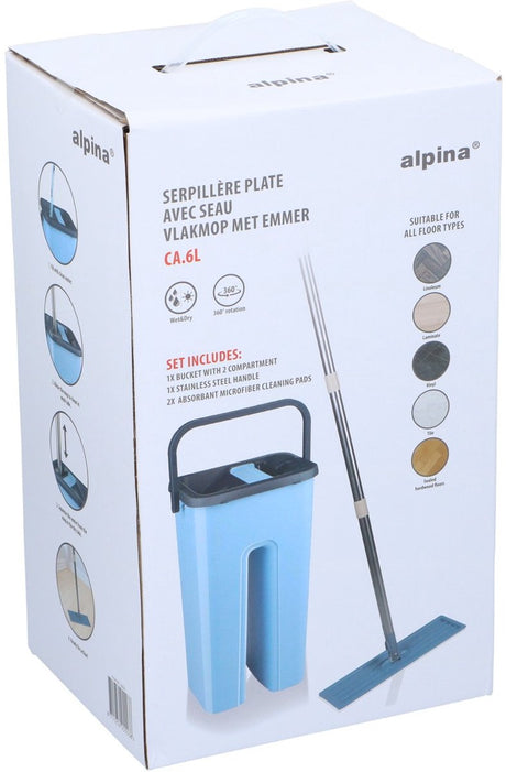 Alpina Wischsystem mit Eimer – Mopp inkl. 2 Mikrofasertücher – für Hartböden – 360° drehbar
