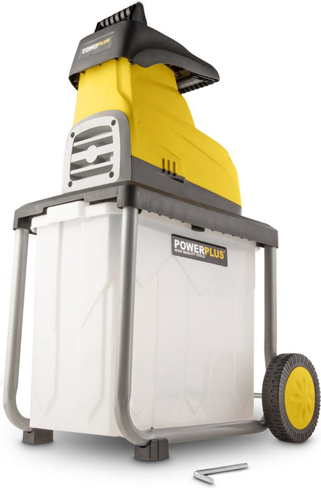 Powerplus elektrischer Häcksler powxg6462 – Häcksler für Pflanzen und Zweige von 2800 W, max. 45 mm, Schieber, Räder und 60 l Sammelbox inklusive, Gartengeräte