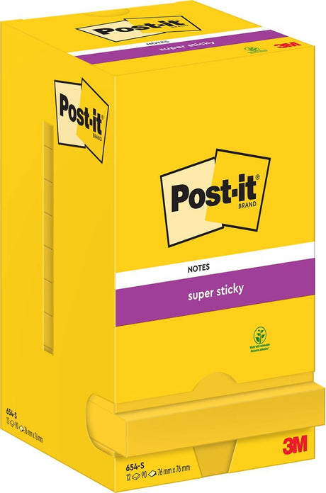 Post-it super sticky notes, 90 vel, ft 76 x 76 mm, pak van 12 blokken, neongeel