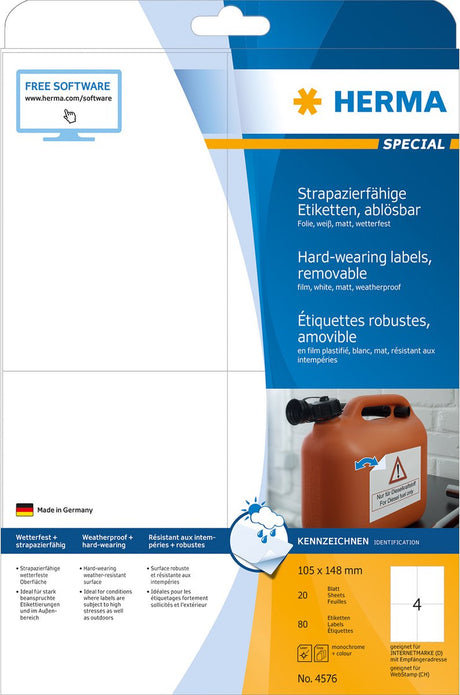 Herma strapazierfähige Etiketten 105 x 148 20 Blatt weiß 80 Stück 4576
