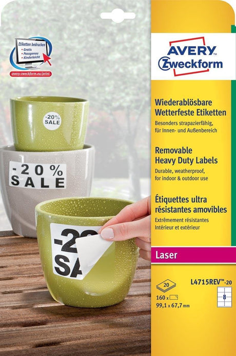 Avery abnehmbare, wetterfeste Etiketten, Größe 991 x 677 mm (B x H), weiße Box mit 160 Etiketten