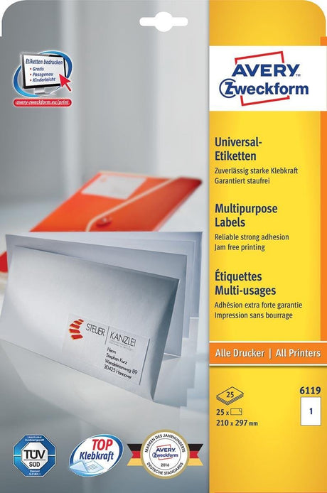 Markenlose Laser-Tintenstrahletiketten von Avery, 210 x 297 mm