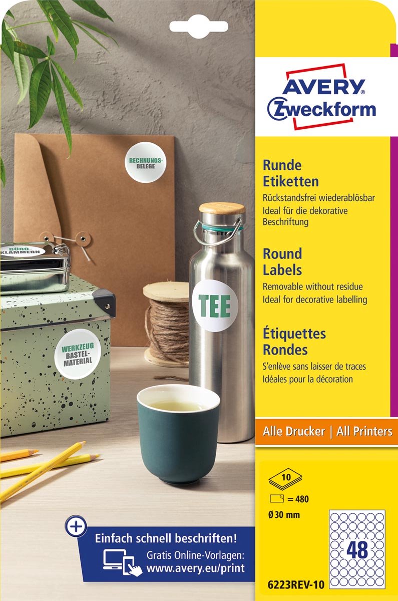 Avery Zweckform runde Etiketten | Durchmesser 30 mm | weiß | abnehmbar | 480 Etiketten | 10 Blatt