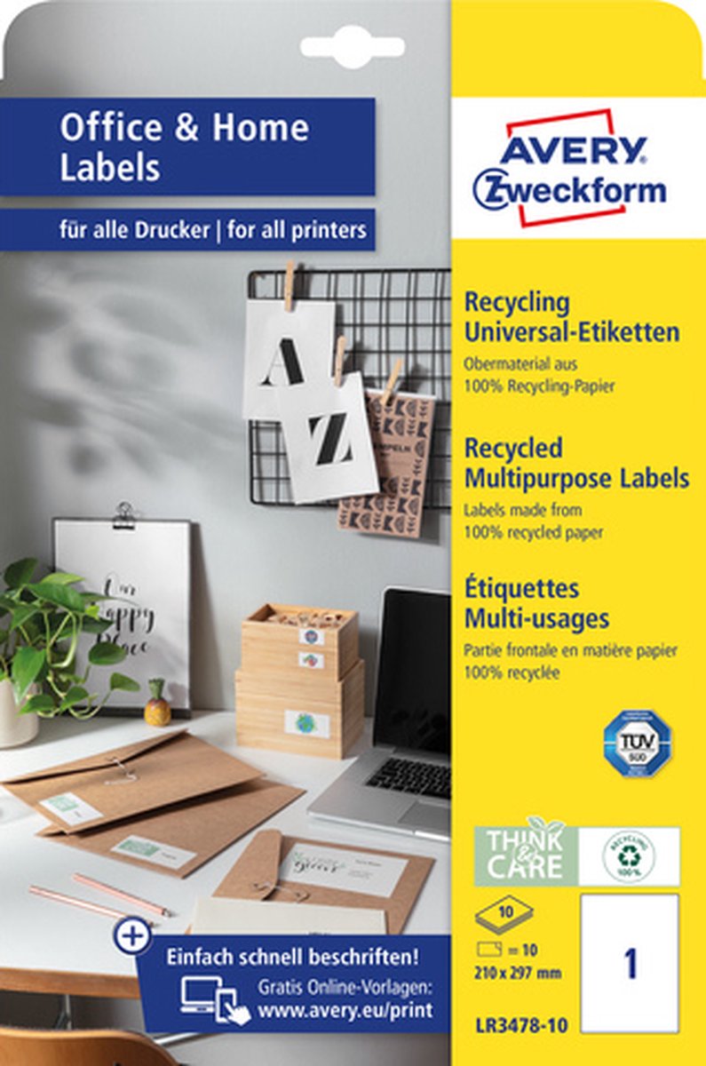Avery Etiketten Zweckform 297 x 210 mm Recyclingpapier 100 Stück