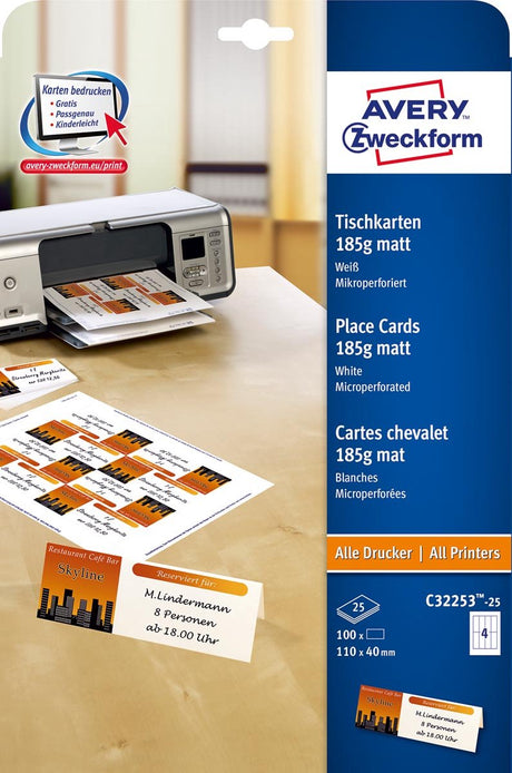 Avery Tischkarten 110 x 40 mm, 185 g, weiß, 25 Blatt, 4 Karten pro Blatt av-c32253-25