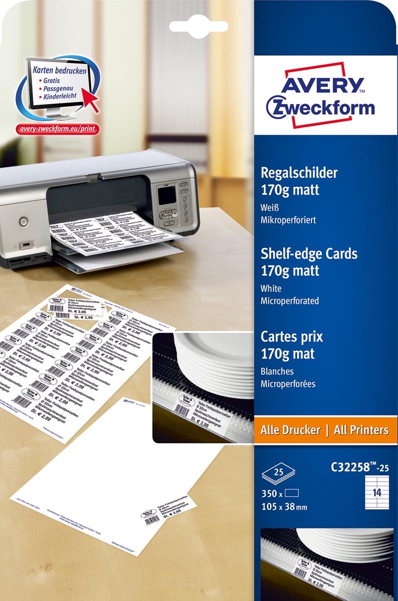 Avery Regalkarten 105 x 38 mm, 170 g, weiß, 25 Blatt, 14 Karten pro Blatt