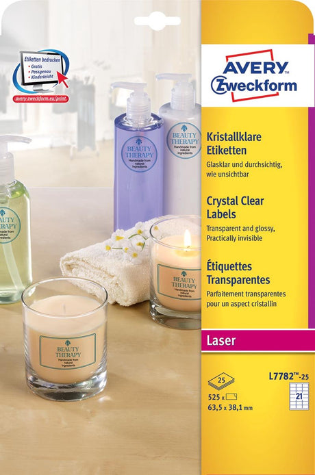 Avery transparante crystal clear etiketten ft 63,5 x 38,1 mm, 525 etiketten, 21 per blad