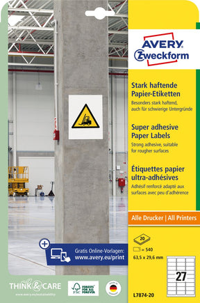 Avery zweckform avery zelfklevende etiketten 63,5 x 29,6 mm wit 540 stuks