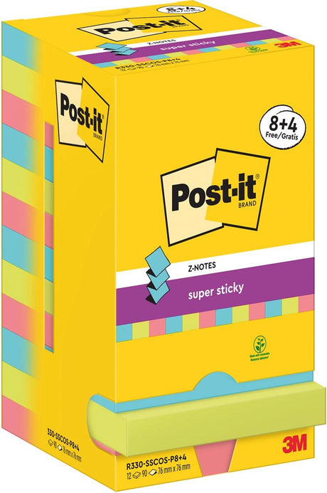 Super klebrige Z-Notes post_it r330-sscos-p8+4 76x76mm blau, grün, rosa
