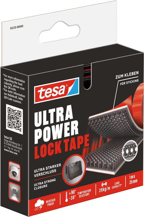 Tesa Velcro Ultra Power Lock-Klebeband, selbstklebend, extrem stark, wetterbeständig – 1 m x 25 mm
