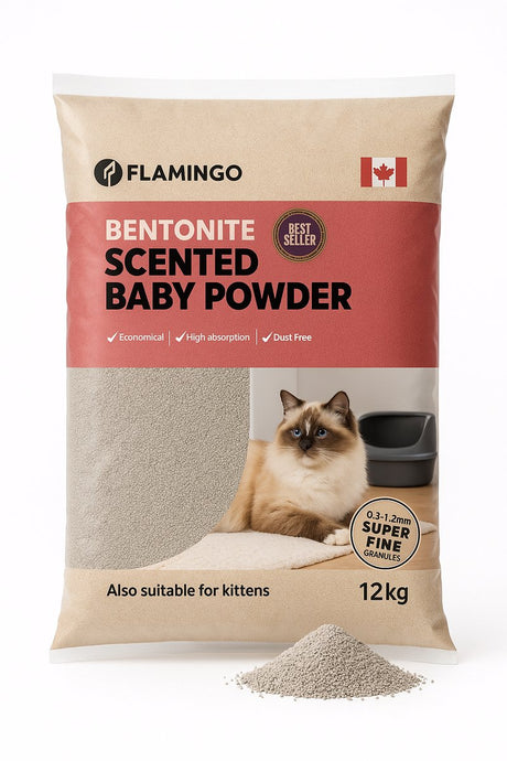 Flamingo Katzenstreu Bentonit mit Babypuder – 12 kg – super saugfähig, staubarm, herrlicher Babypuderduft, auch für Kätzchen geeignet – aus Kanada