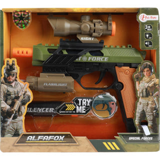 Toi-toys Alfafox Militärpistole mit Schalldämpfer + Taschenlampe + Licht und Ton
