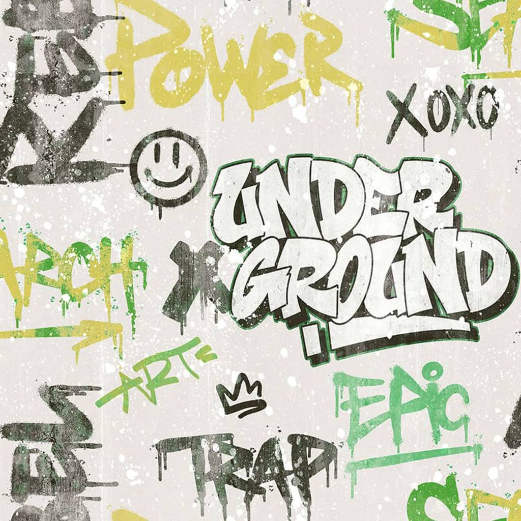 Nordwand Tapete Freunde Kaffee Graffität grau und grün