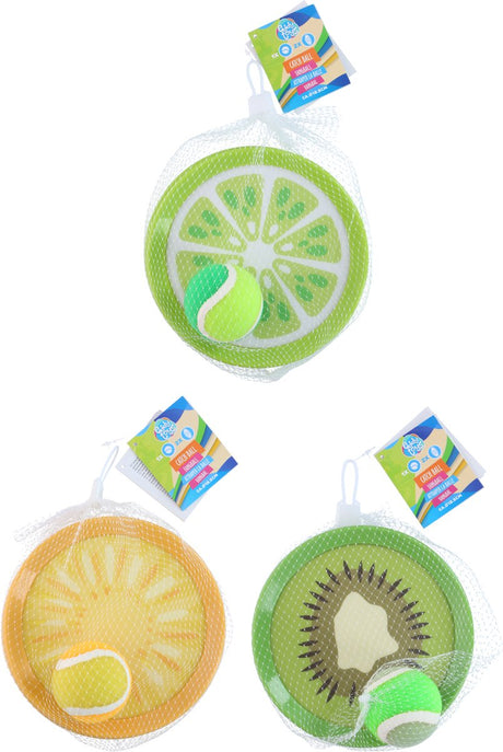 Eddy Toys Fang- und Wurf-Früchtespiel 3-teilig – Kunststoff-Fangteller mit Ball – fröhliche Obst-Drucke – Outdoor-Spielzeug für Kinder und Erwachsene – Durchmesser 18,5 cm – Grün, Hellgrün, Gelb