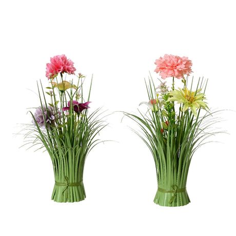 Decoris-Grasstrauß mit farbigen Blumen, H30 cm