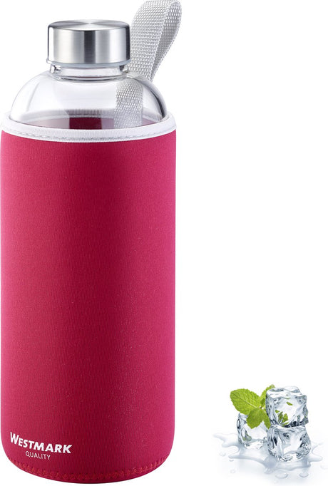 Westmark drinkfles, met opdruk, incl. beschermhoes, 1000 ml, glas siliconen rubber, bpa-vrij, viva, rood zilver doorzichtig, 5274226r