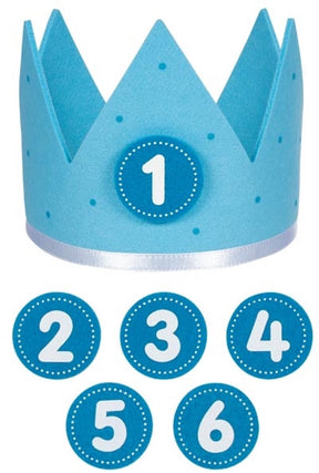 Goki Geburtstagskrone blau L59,5cm, mit austauschbaren Zahlen 1-6, Filz, 1+