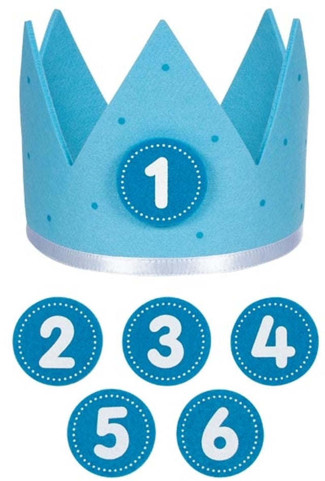 Goki Geburtstagskrone blau L59,5cm, mit austauschbaren Zahlen 1-6, Filz, 1+