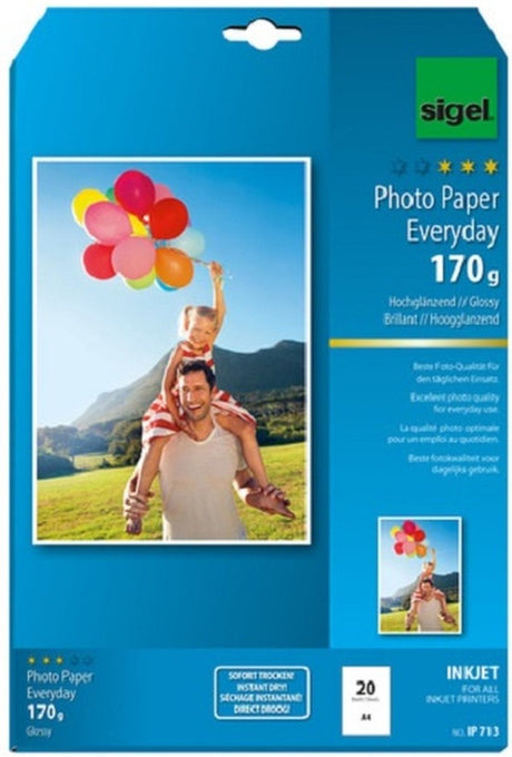 Sigel Inkjet-Fotopapier Everyday Plus A4 Hochglanz 170 Gramm 20 Blatt