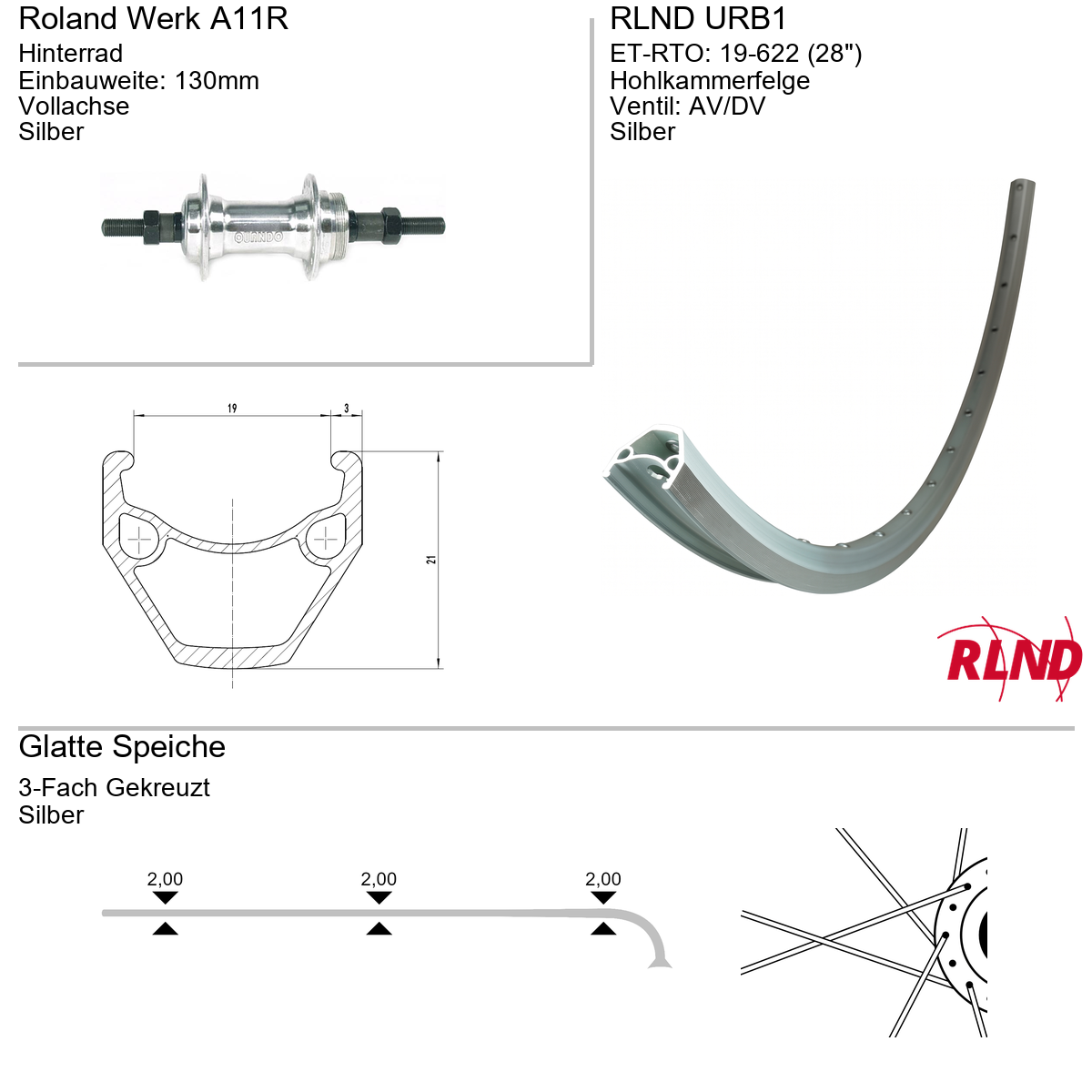 Roland achterwiel 19-622 28 zilver remnaaf 1v vaste as urb1 a11r