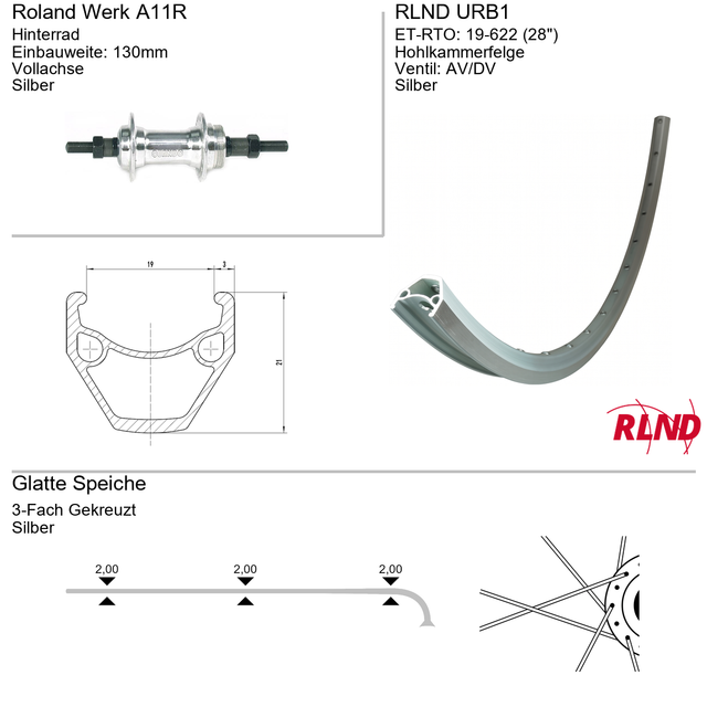 Roland achterwiel 19-622 28 zilver remnaaf 1v vaste as urb1 a11r