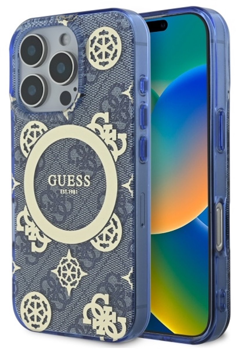 Guess Peony Magsafe – Handyhülle – iPhone 16 Pro Max – Naturinspiration – Blau – Luxusdesign