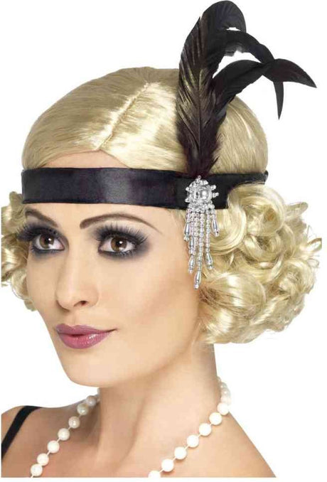 Smiffys Stirnband schwarz mit Federn | Schwarzes Satin-Charleston-Stirnband