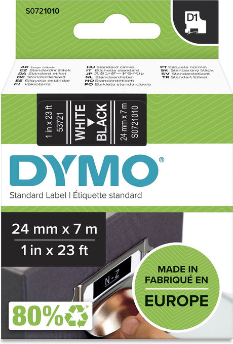Original Dymo d1-Etiketten | weißer Text auf schwarzem Etikett | 24mm x 7m | selbstklebende Etiketten für den Etikettendrucker Label Manager | Hergestellt in Europa