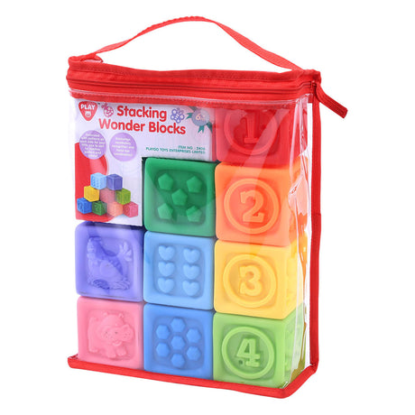 Stapelbare taktile Blöcke von Playgo – 9 Stück.