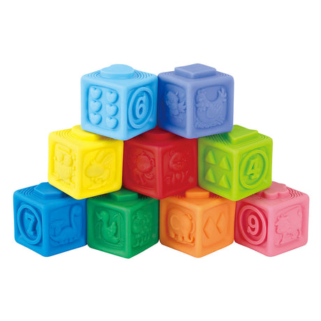 Stapelbare taktile Blöcke von Playgo – 9 Stück.