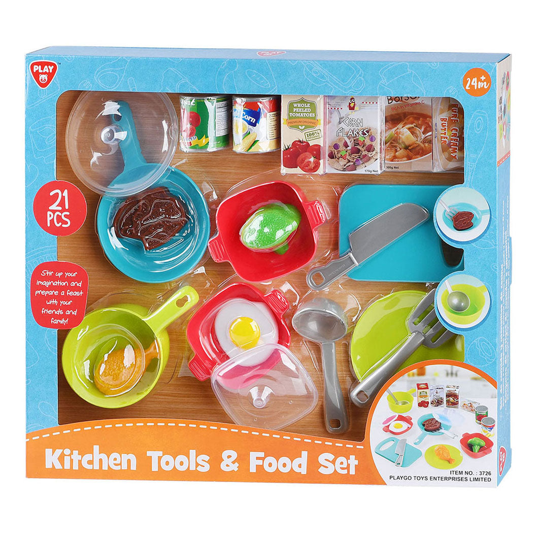 Spielküchenzubehör und Spiellebensmittelset, 21-teilig.