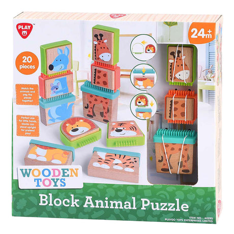Playgo Play Holzblock-Puzzle Tiere, 20 Teile.