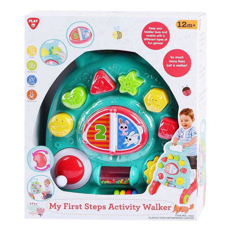 Playgo-Aktivitätslaufwagen aus Kunststoff mit Lernspielzeugen.