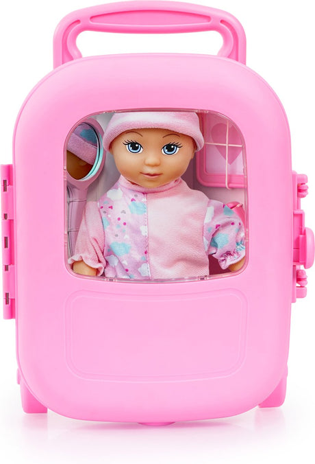 Bayer Design Kuschelpuppe, Puppe mit Trolley und Zubehör, Spielset in Pink