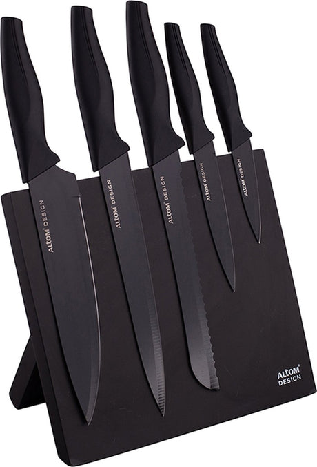 Altom Design schwarzer magnetischer Messerblock mit 5 schwarzen Messern – ergonomische Griffe – schönes Design – modern und elegant – mit 5 schwarzen Messern