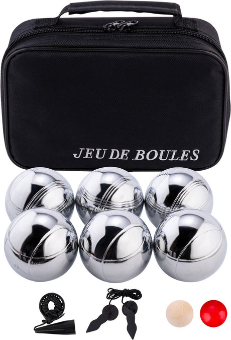 Engelhart Metall-Boules – 6 Kugeln in schwarzer Reißverschlusstasche – Pétanque – Boule – Metallkugeln – geeignet für jeden Boule-Platz – Langfeld