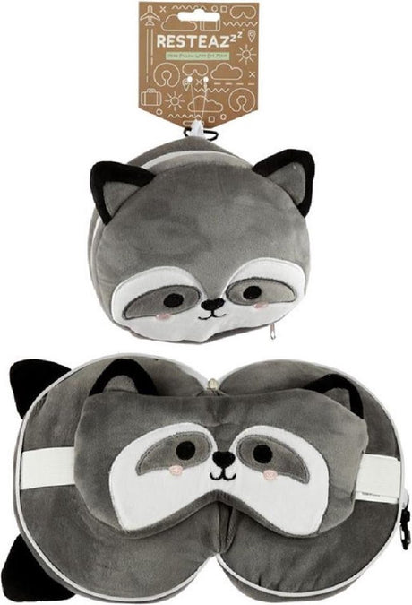 Relaxeazzz Plüschwaschbär runde Reisekissen-Schlafmaske