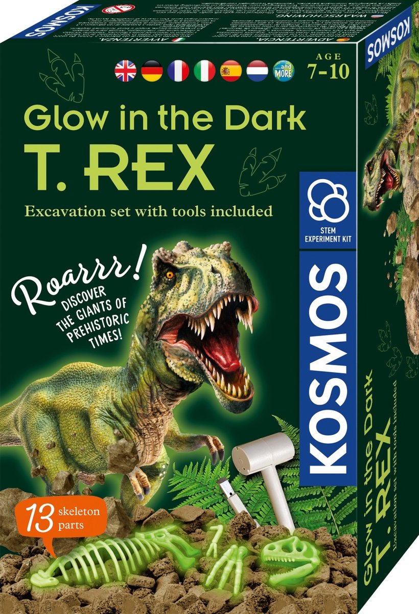 Cosmos T-Rex ausgraben, leuchtet im Dunkeln – Experimentierset – prähistorisches Skelett ausgraben und zum Leuchten bringen – inklusive 13 Knochenteilen, Hammer und Meißel – T-Rex ausgraben
