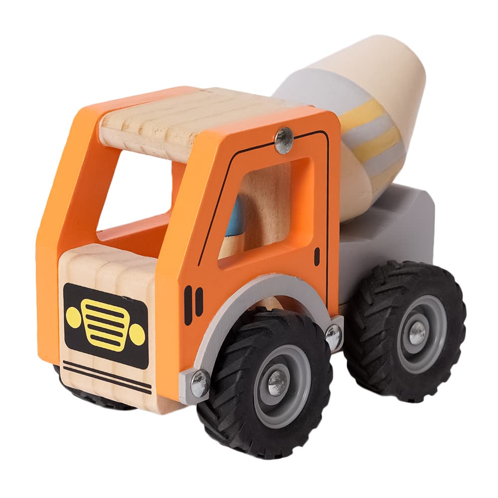 Speelgoed top houten oranje betonwagen met poppetje