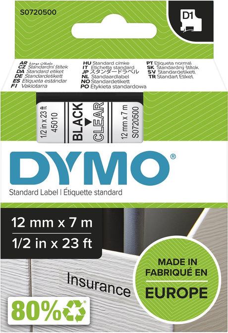 Dymo-Bänder D1 Polyester 12 mm x 7 m schwarz-transparent glänzend
