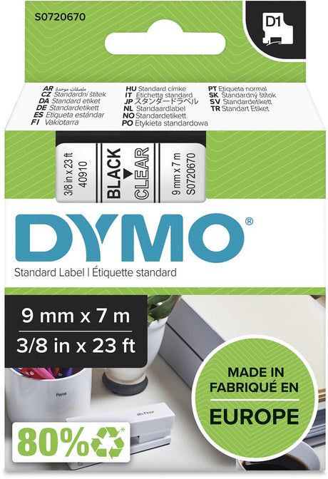 Dymo-Bänder D1 Polyester 9 mm x 7 m schwarz-transparent glänzend