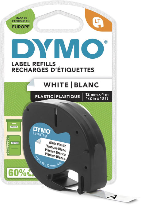 Dymo Letratag Original-Kunststoffetiketten | schwarzer Druck auf weißen Etiketten | 12mm x 4m | selbstklebende Multifunktionsetiketten für Letratag-Etikettendrucker | Hergestellt in Europa